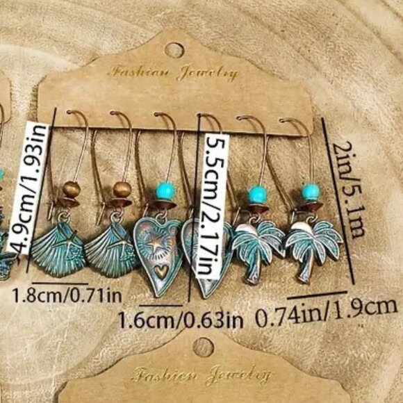 Earrings Turquoise Dangle 3pr Palm Tree Shell Tropical Bronzed Copper Unique NEW - Picture 2 of 2